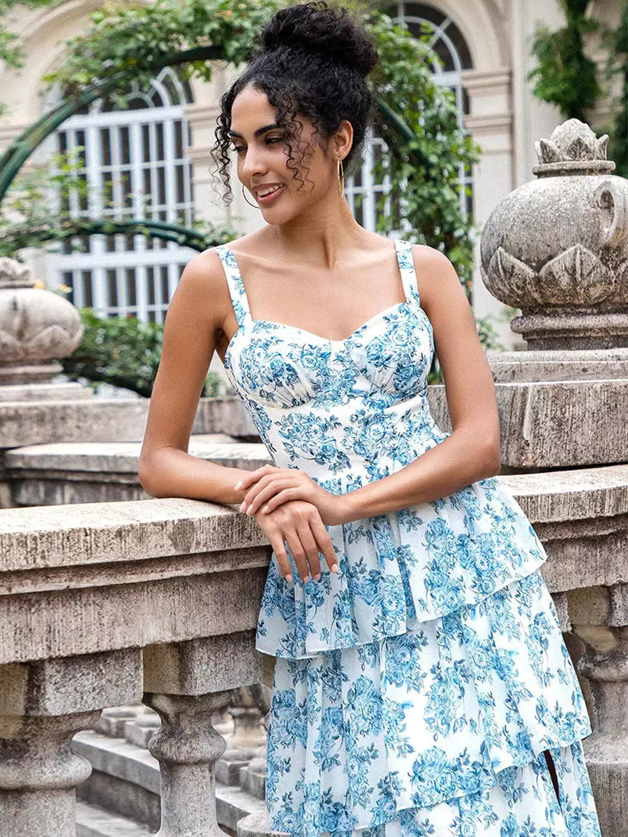 Elegant Ruffles Floral Layered Events Beach Party Maxi Dress