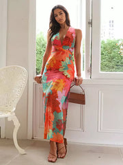 Elegant Ruffles Floral Print V-Neck Sleeveless Long Maxi Dress