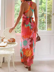 Elegant Ruffles Floral Print V-Neck Sleeveless Long Maxi Dress
