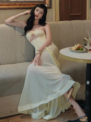 Elegant Ruffles Hollow Bandage Patchwork Mesh Maxi Fishtail Maxi Dress