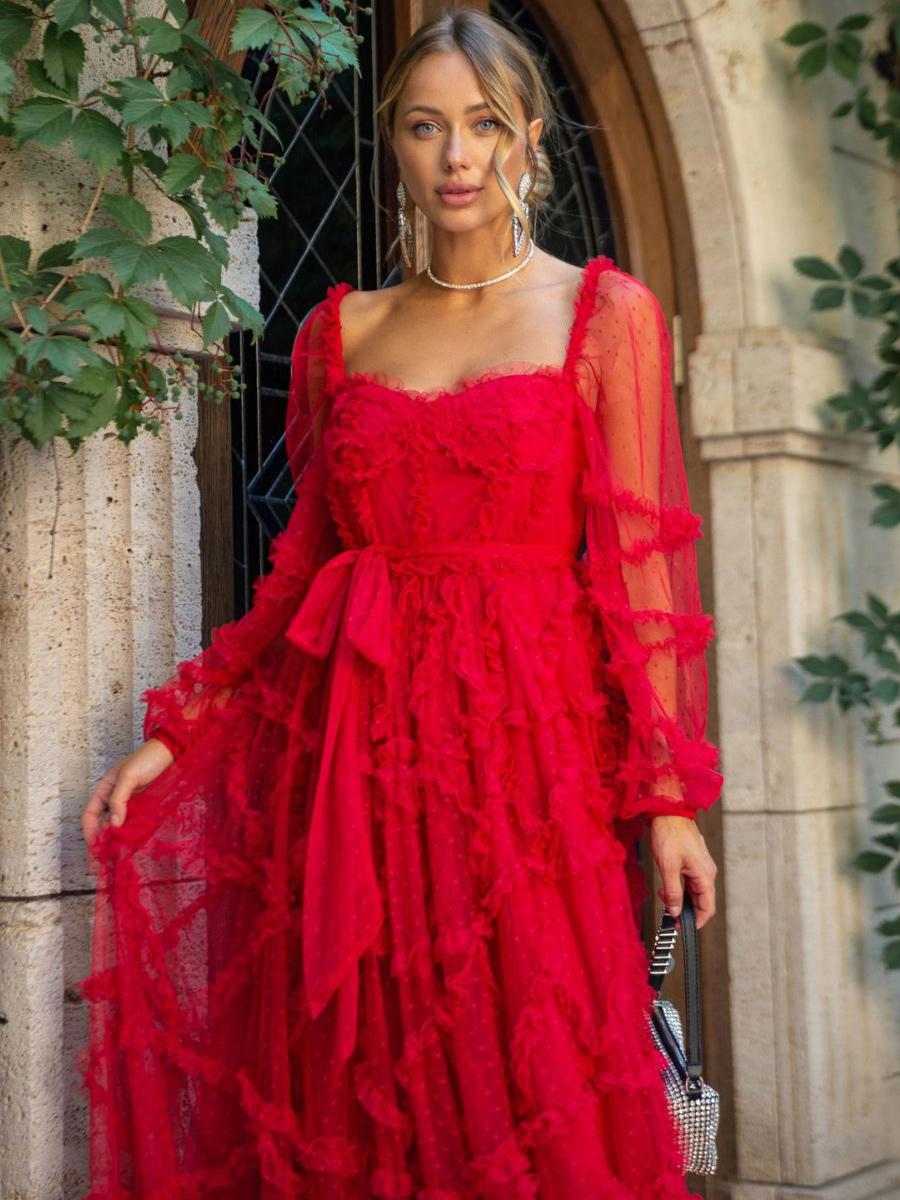 Elegant Ruffles Illusion Long Sleeves Polka Dot Layered Polyester Party Prom Dresses