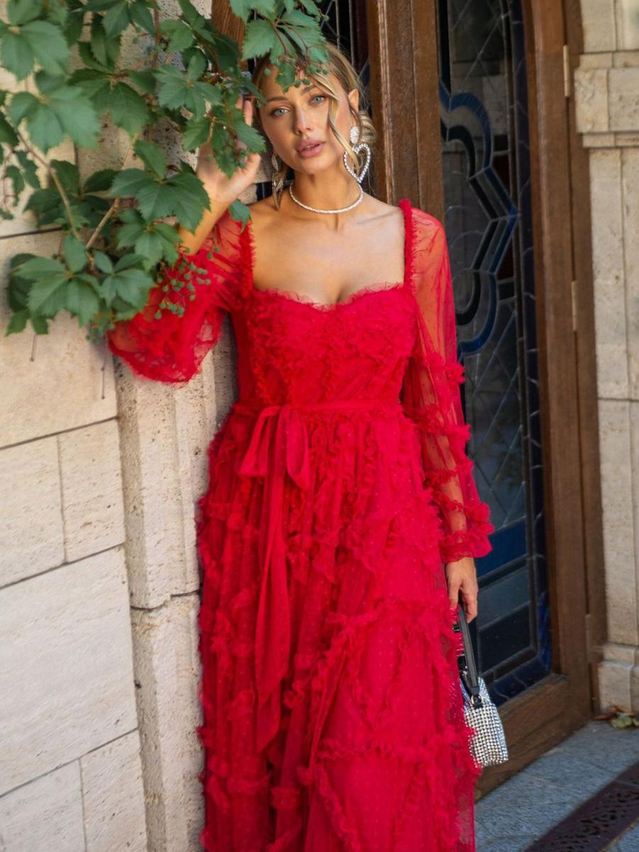Elegant Ruffles Illusion Long Sleeves Polka Dot Layered Polyester Party Prom Dresses