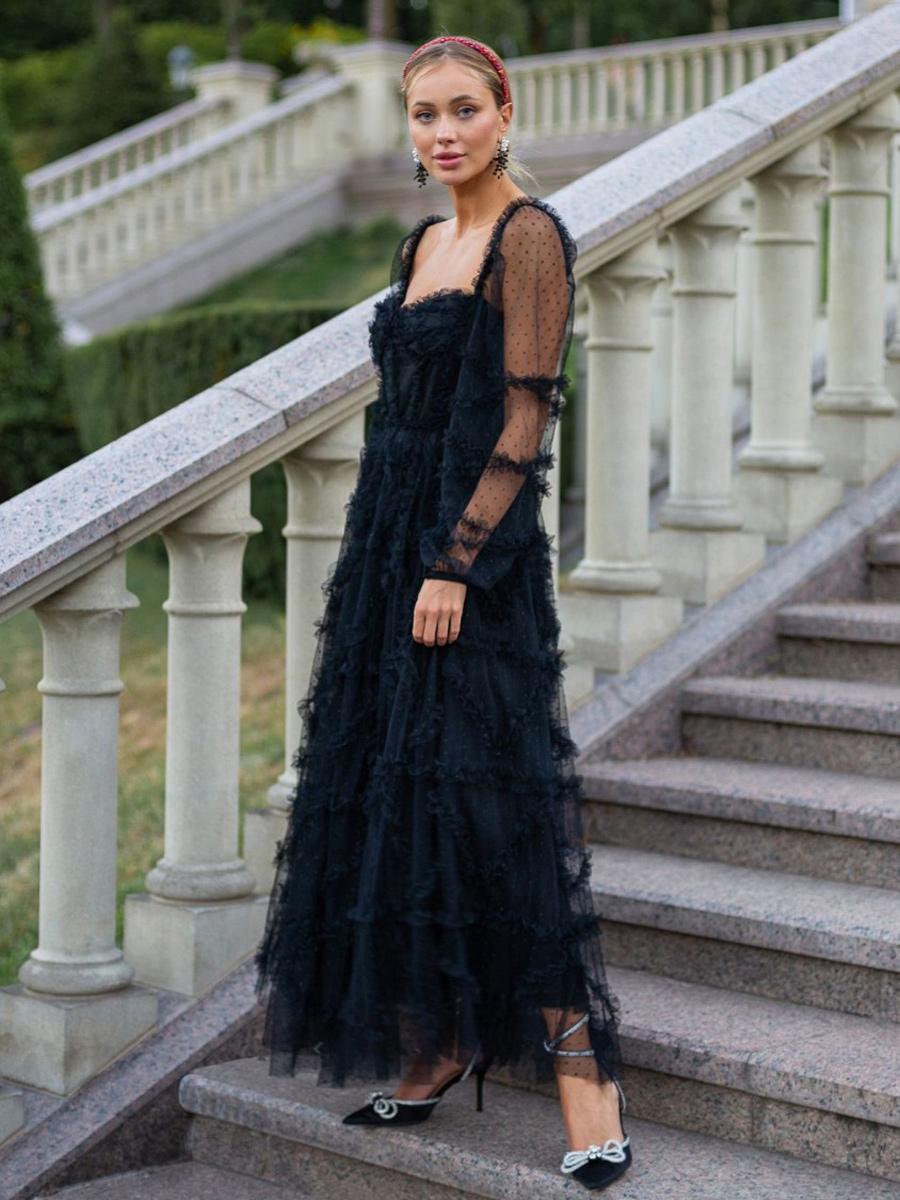 Elegant Ruffles Illusion Long Sleeves Polka Dot Layered Polyester Party Prom Dresses