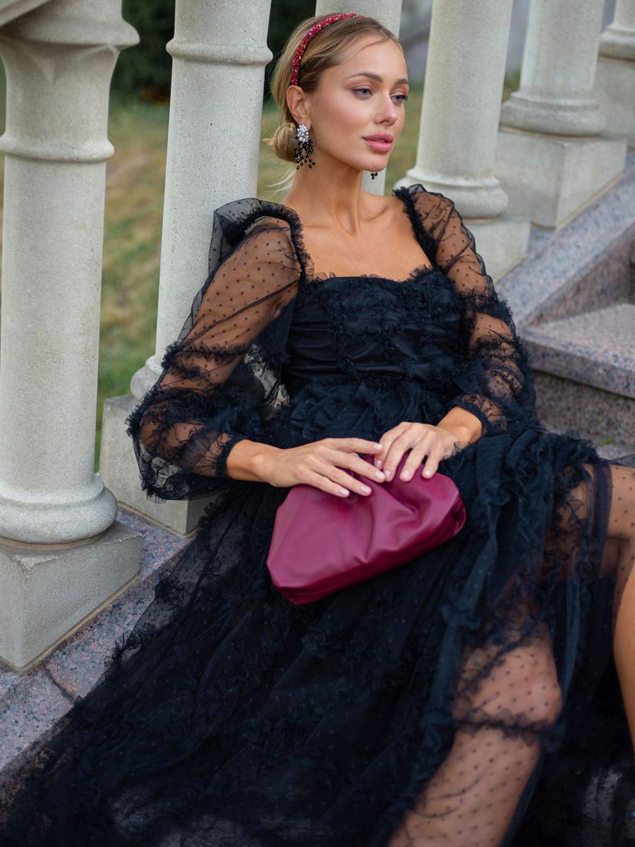 Elegant Ruffles Illusion Long Sleeves Polka Dot Layered Polyester Party Prom Dresses