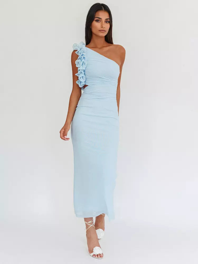 Elegant Ruffles One-Shoulder Cutout Waist Mermaid Long Dress