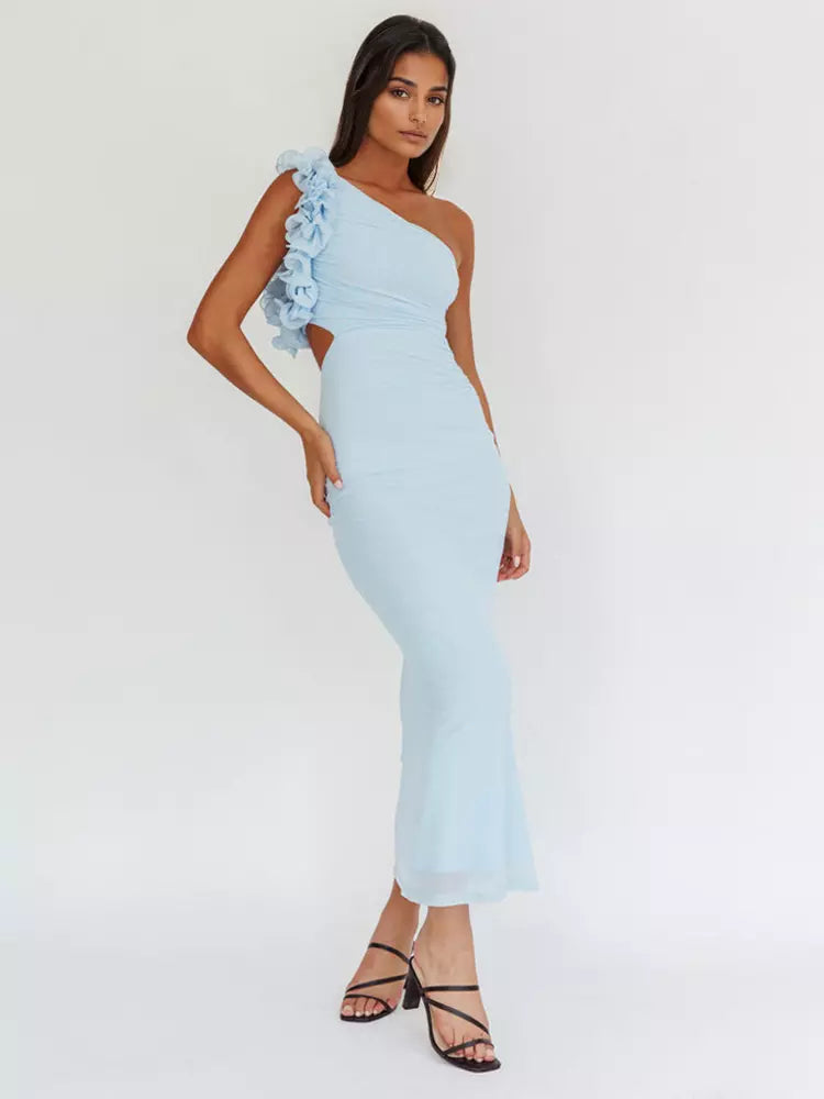 Elegant Ruffles One-Shoulder Cutout Waist Mermaid Long Dress