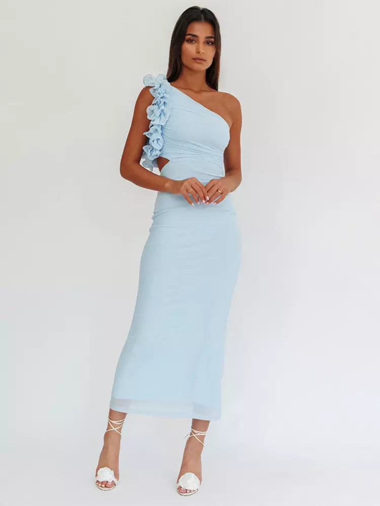 Elegant Ruffles One-Shoulder Cutout Waist Mermaid Long Dress