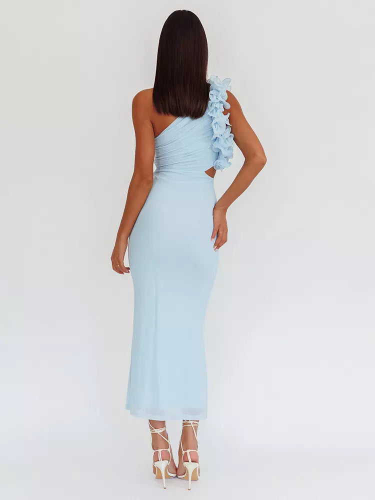 Elegant Ruffles One-Shoulder Cutout Waist Mermaid Long Dress