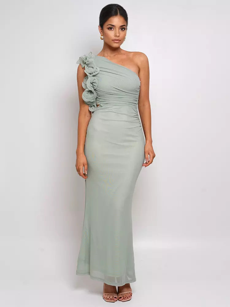 Elegant Ruffles One-Shoulder Cutout Waist Mermaid Long Dress