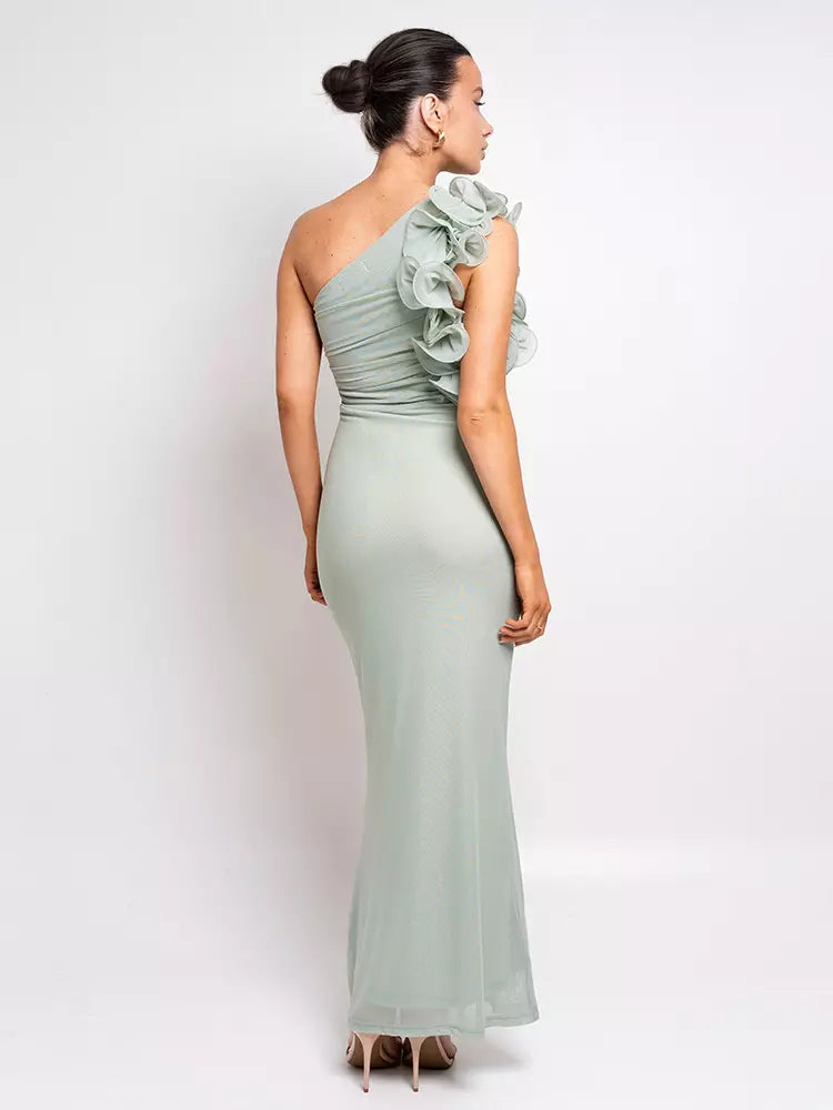 Elegant Ruffles One-Shoulder Cutout Waist Mermaid Long Dress