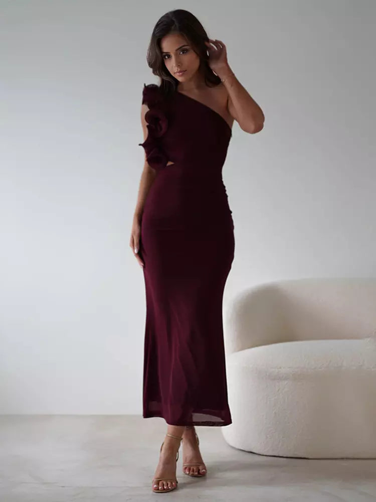 Elegant Ruffles One-Shoulder Cutout Waist Mermaid Long Dress