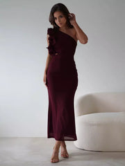 Elegant Ruffles One-Shoulder Cutout Waist Mermaid Long Dress