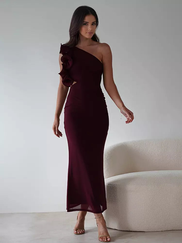 Elegant Ruffles One-Shoulder Cutout Waist Mermaid Long Dress