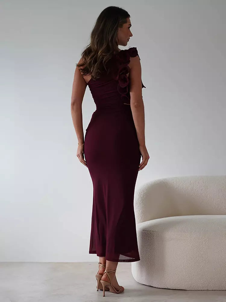 Elegant Ruffles One-Shoulder Cutout Waist Mermaid Long Dress