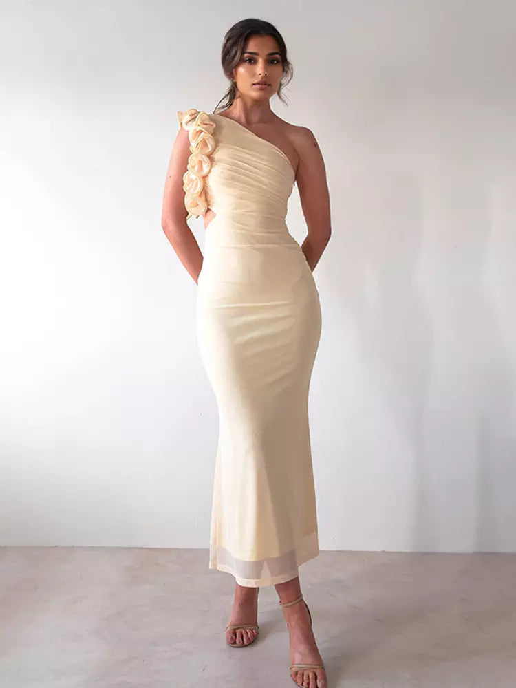 Elegant Ruffles One-Shoulder Cutout Waist Mermaid Long Dress