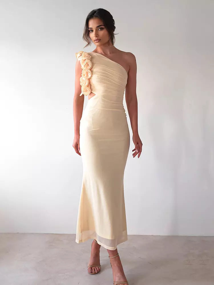 Elegant Ruffles One-Shoulder Cutout Waist Mermaid Long Dress