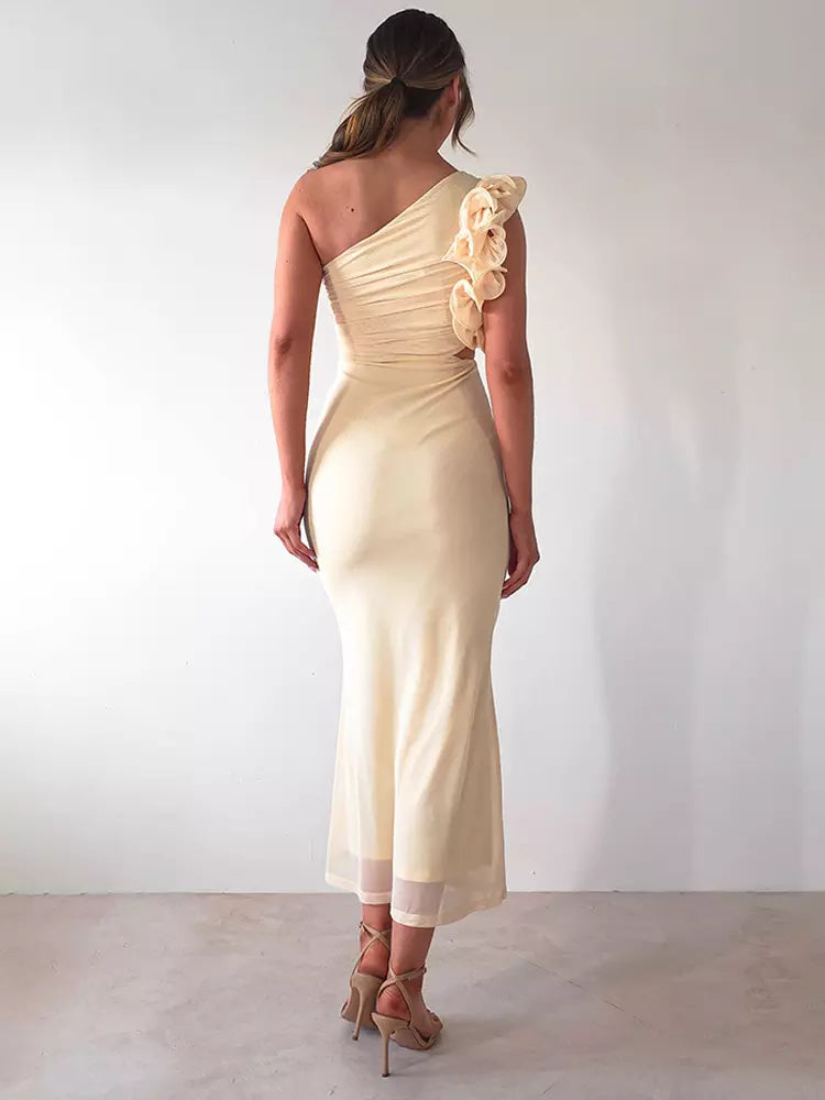 Elegant Ruffles One-Shoulder Cutout Waist Mermaid Long Dress