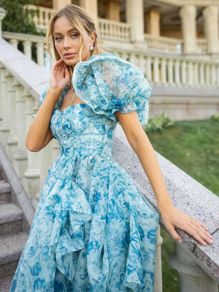 Elegant Ruffles Slit Side Convertible Folklore Puff Sleeves Long Dress