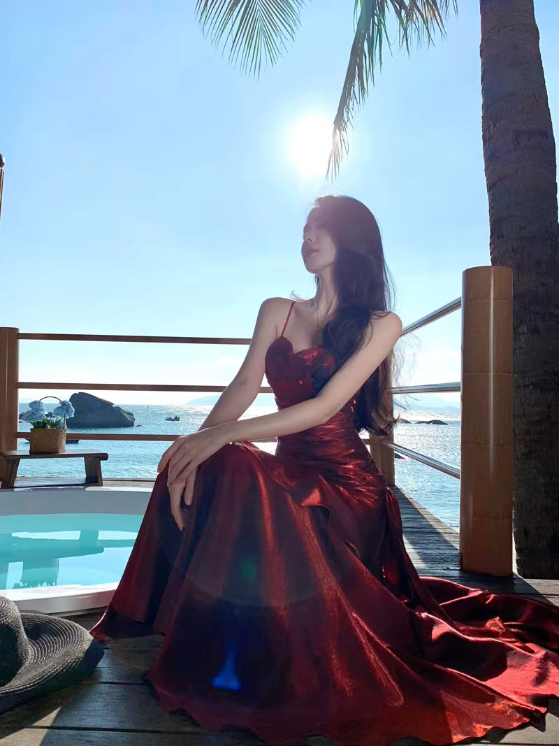 Elegant Ruffles Spaghetti Strap Graduation Birthday Evening Party Maxi Dress