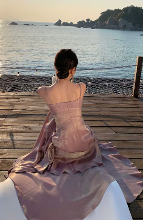 Elegant Ruffles Spaghetti Strap Graduation Birthday Evening Party Maxi Dress