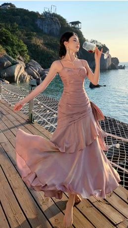 Elegant Ruffles Spaghetti Strap Graduation Birthday Evening Party Maxi Dress