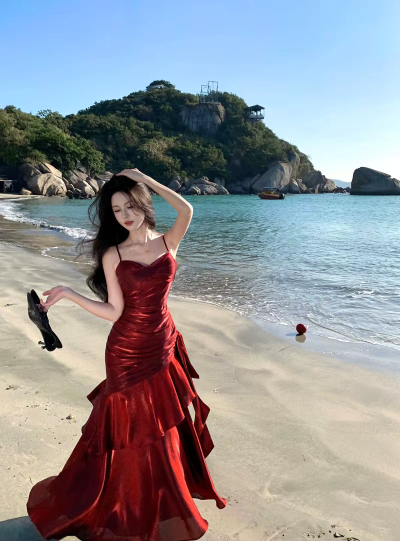 Elegant Ruffles Spaghetti Strap Graduation Birthday Evening Party Maxi Dress