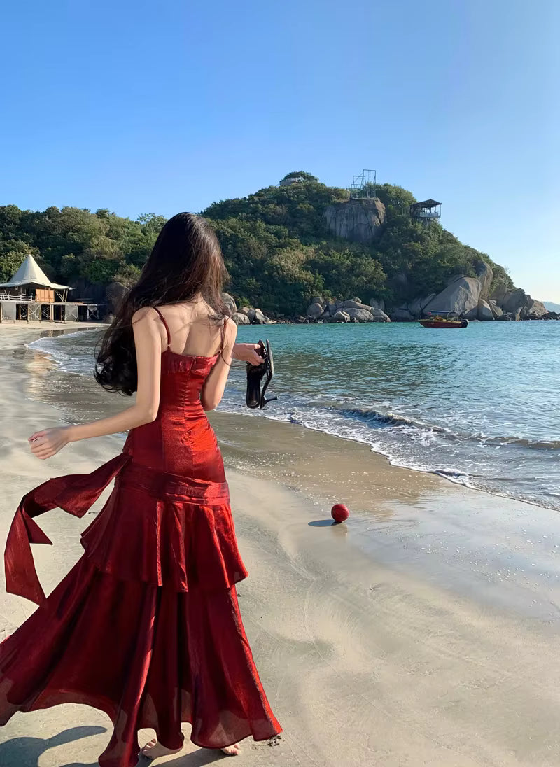 Elegant Ruffles Spaghetti Strap Graduation Birthday Evening Party Maxi Dress