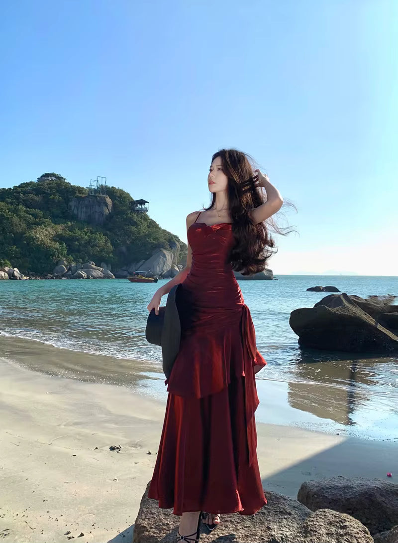 Elegant Ruffles Spaghetti Strap Graduation Birthday Evening Party Maxi Dress