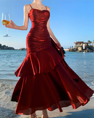 Elegant Ruffles Spaghetti Strap Graduation Birthday Evening Party Maxi Dress