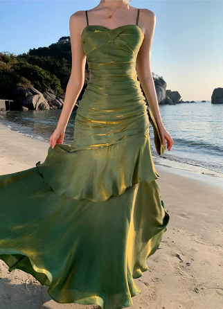 Elegant Ruffles Spaghetti Strap Graduation Birthday Evening Party Maxi Dress