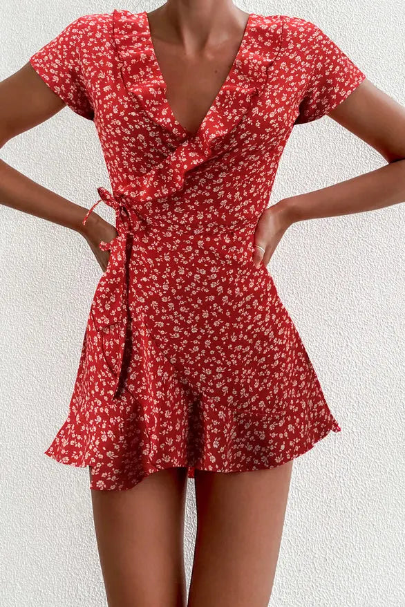 Elegant Ruffles V-neck Floal A-Line Dress Sweet Lady Chic Flowers Mini Dress