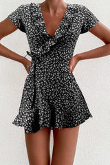 Elegant Ruffles V-neck Floal A-Line Dress Sweet Lady Chic Flowers Mini Dress