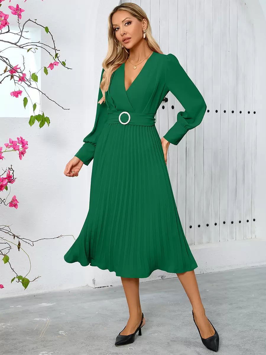Elegant Sash V-Neck Long Sleeves Polyester Semi Formal Party Dress