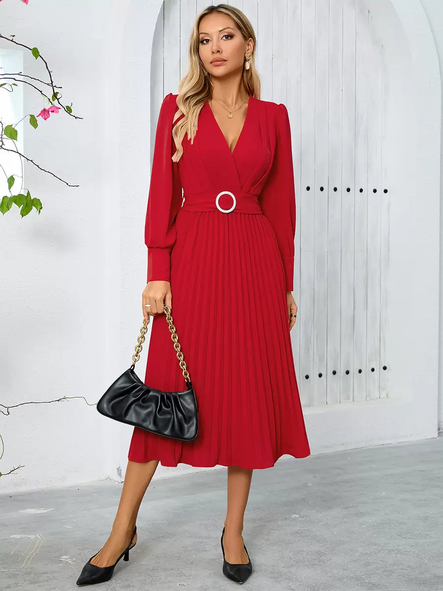 Elegant Sash V-Neck Long Sleeves Polyester Semi Formal Party Dress