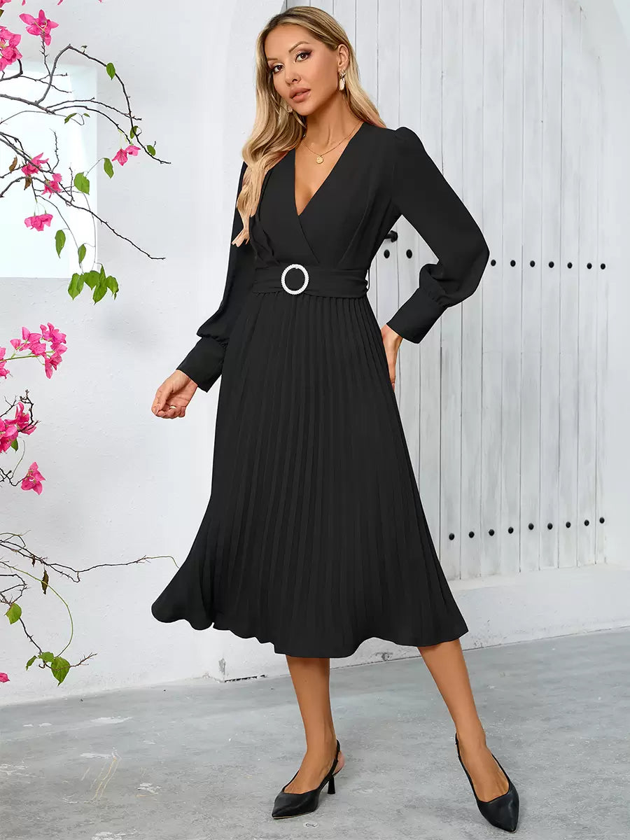 Elegant Sash V-Neck Long Sleeves Polyester Semi Formal Party Dress