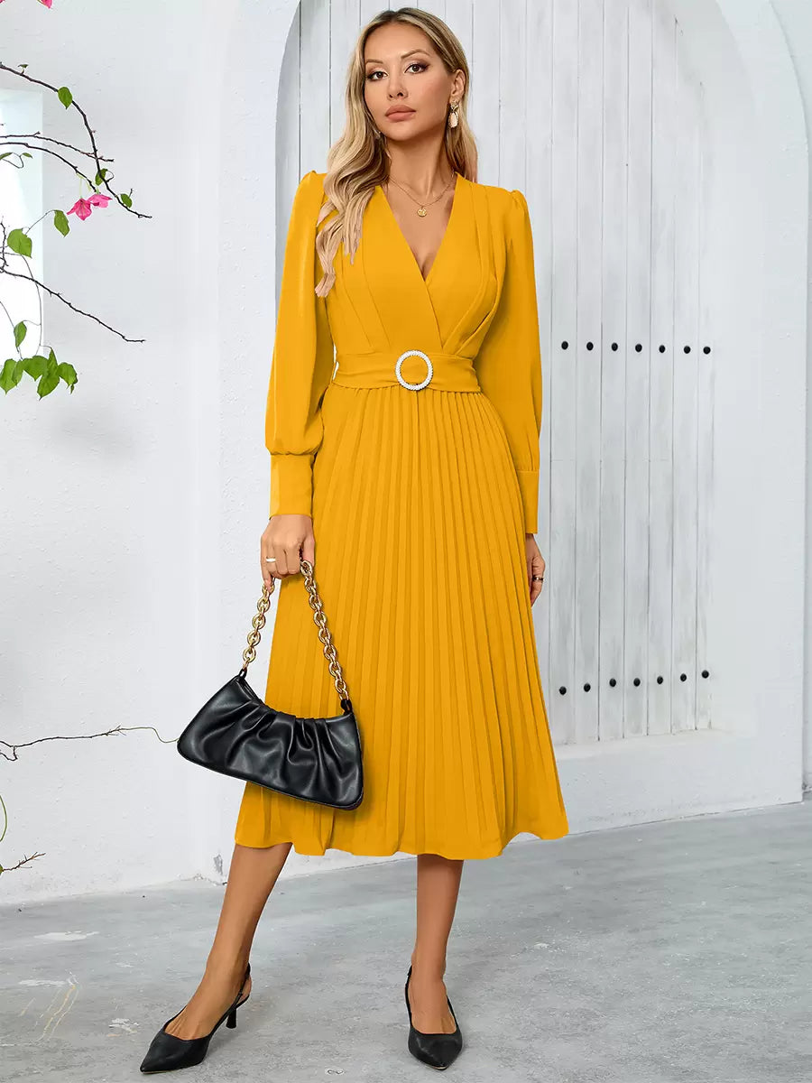 Elegant Sash V-Neck Long Sleeves Polyester Semi Formal Party Dress