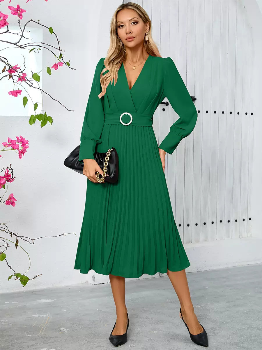 Elegant Sash V-Neck Long Sleeves Polyester Semi Formal Party Dress