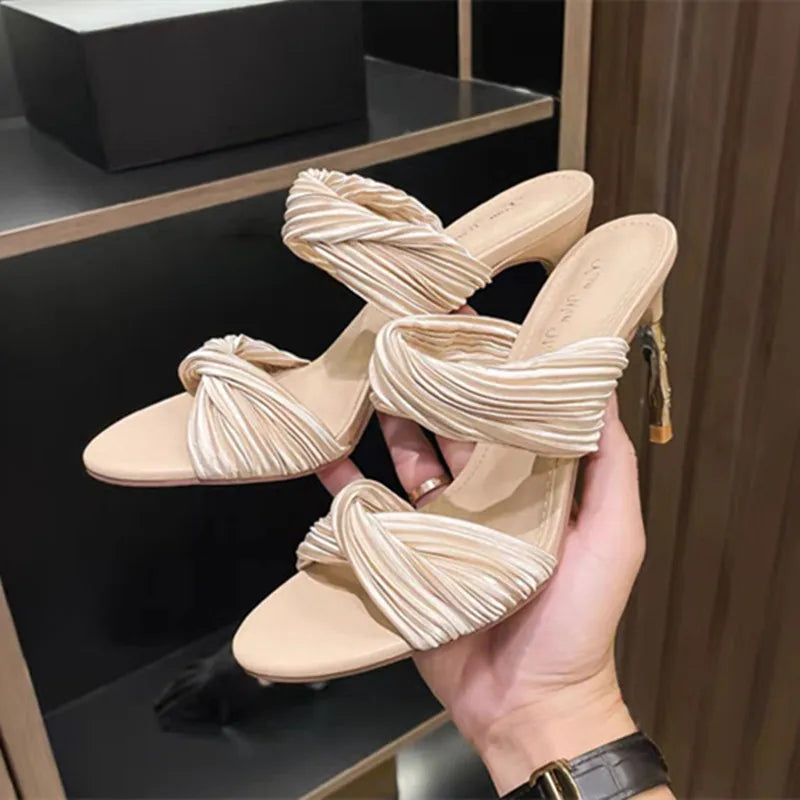 Elegant Satin Designer Slippers Open Toe Thin Stiletto Heel