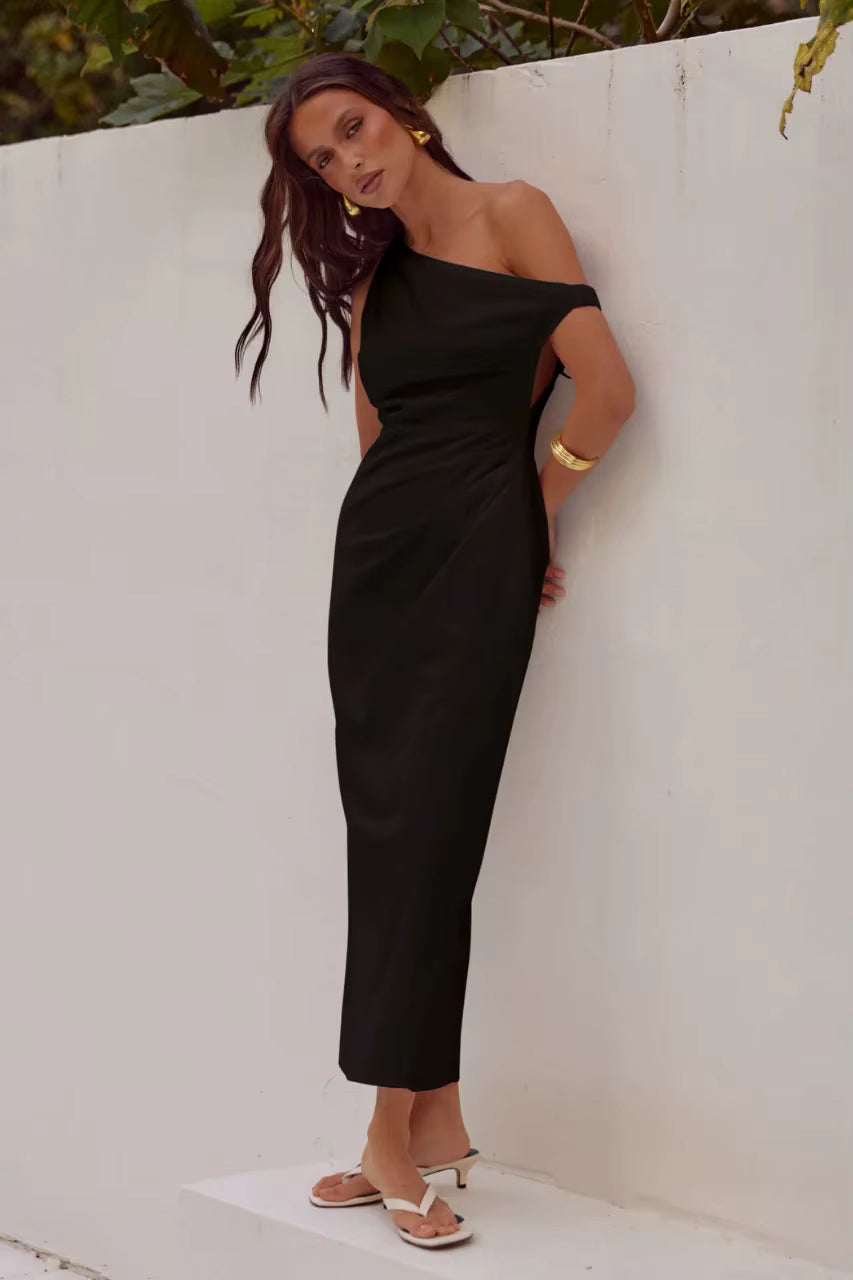 Elegant Diagonal Shoulder Style Tight Satin Long Maxi Dress