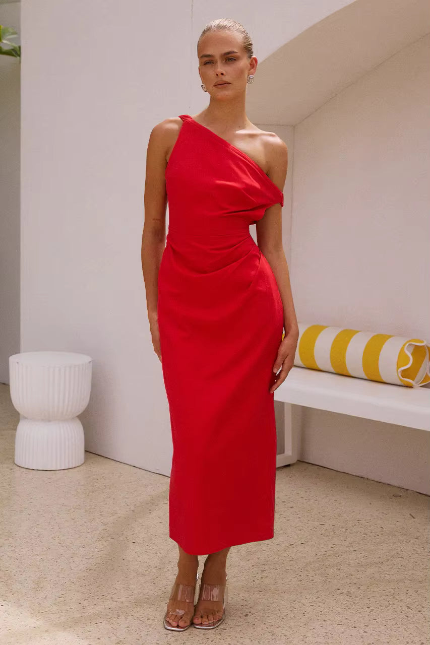 Elegant Diagonal Shoulder Style Tight Satin Long Maxi Dress