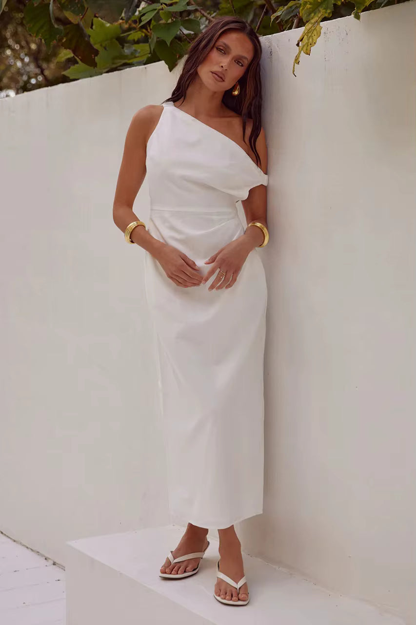 Elegant Diagonal Shoulder Style Tight Satin Long Maxi Dress