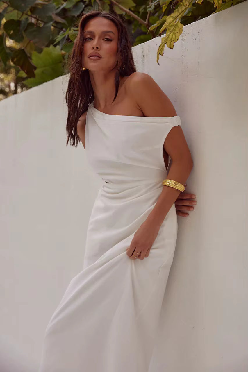 Elegant Diagonal Shoulder Style Tight Satin Long Maxi Dress
