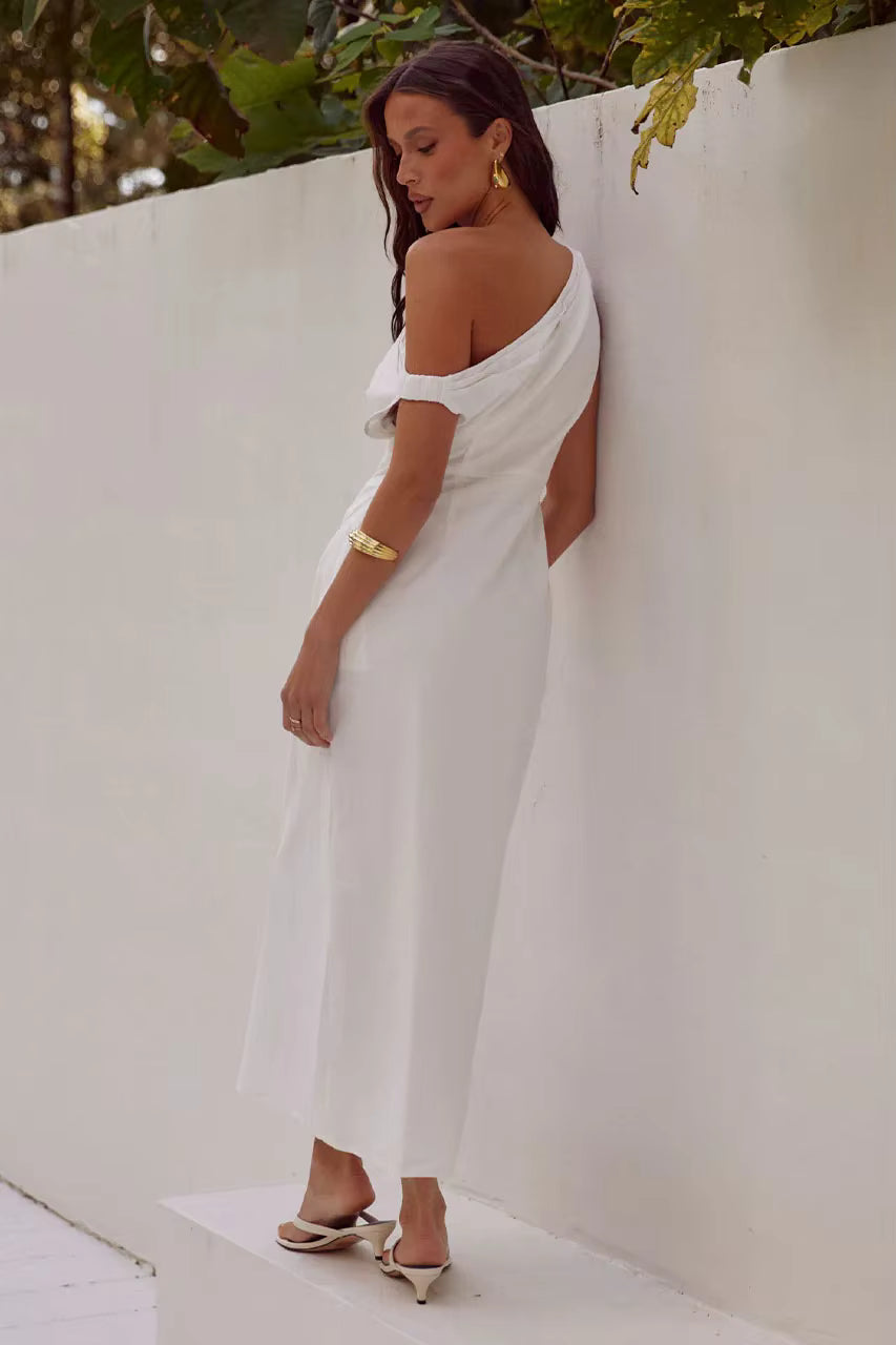 Elegant Diagonal Shoulder Style Tight Satin Long Maxi Dress