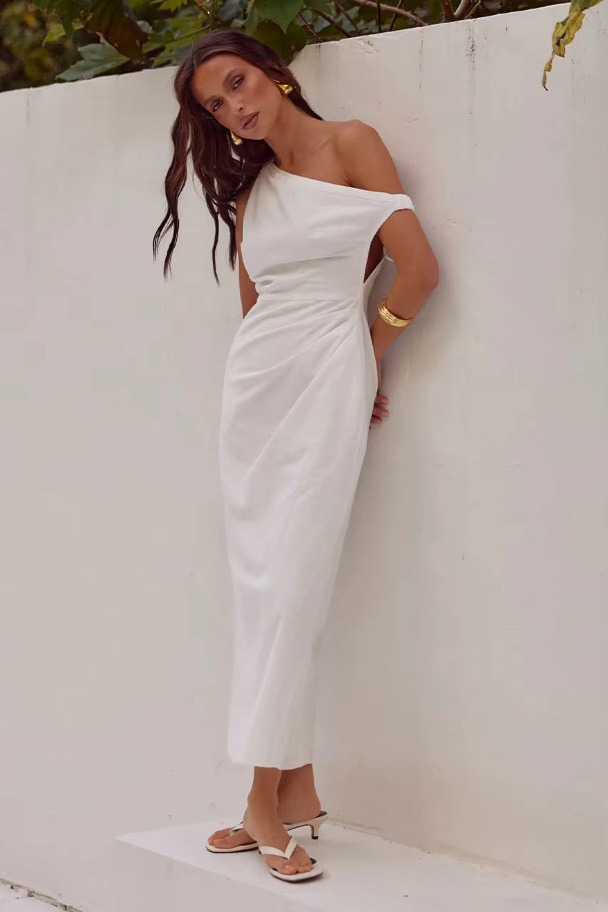 Elegant Diagonal Shoulder Style Tight Satin Long Maxi Dress