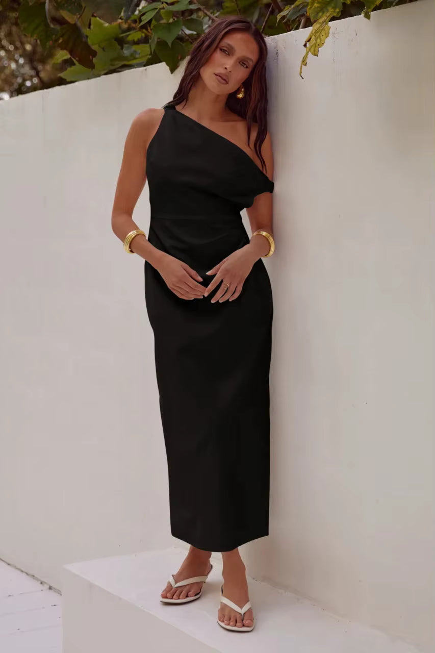 Elegant Diagonal Shoulder Style Tight Satin Long Maxi Dress
