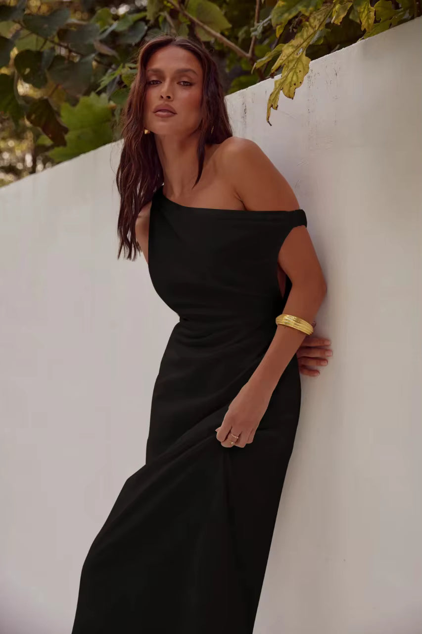 Elegant Diagonal Shoulder Style Tight Satin Long Maxi Dress
