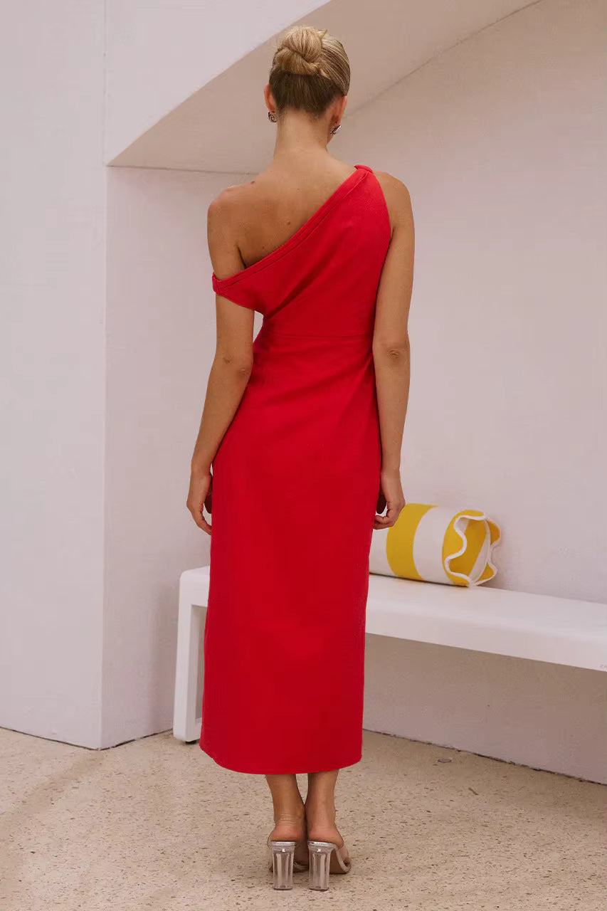 Elegant Diagonal Shoulder Style Tight Satin Long Maxi Dress