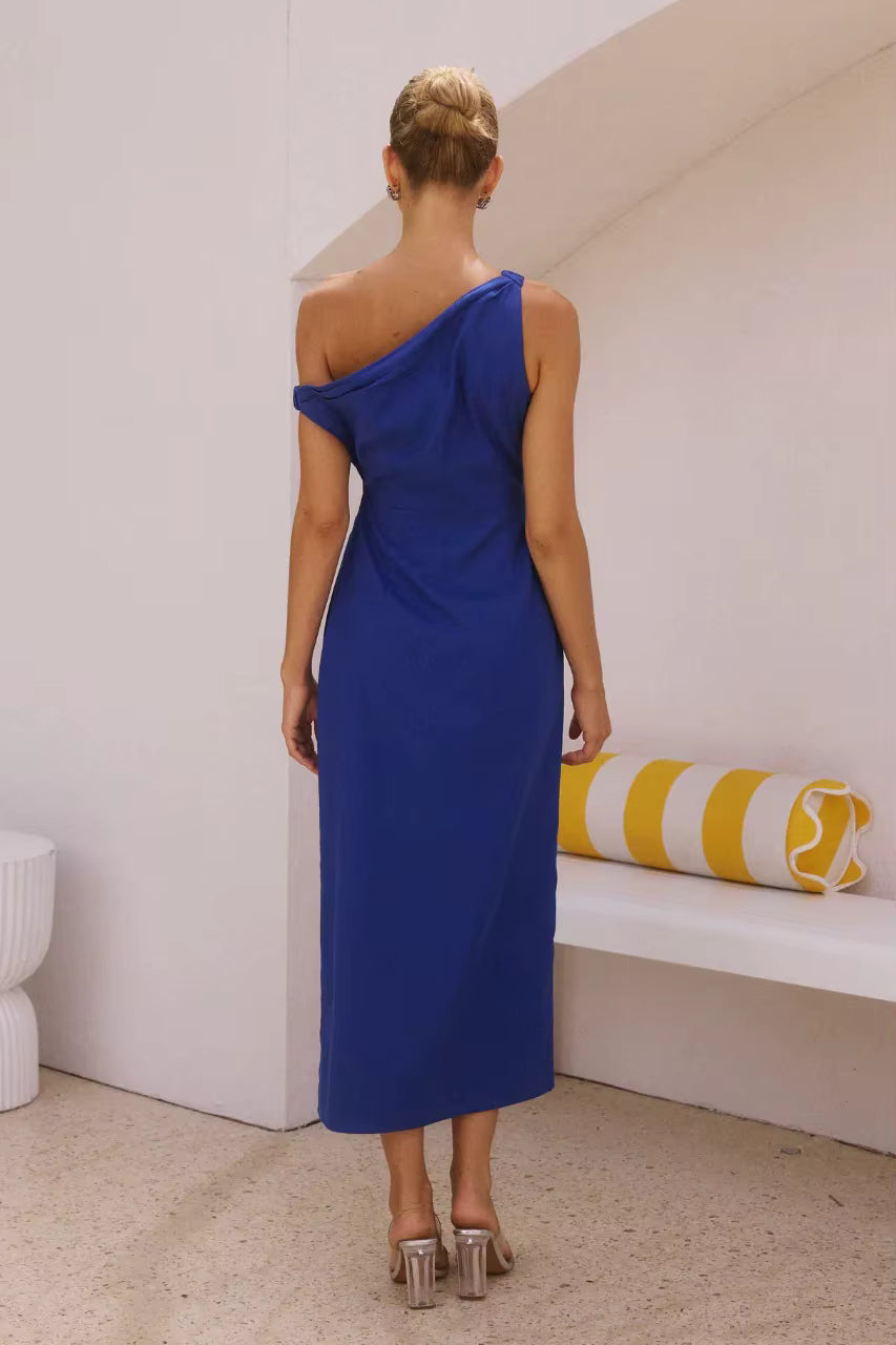 Elegant Diagonal Shoulder Style Tight Satin Long Maxi Dress