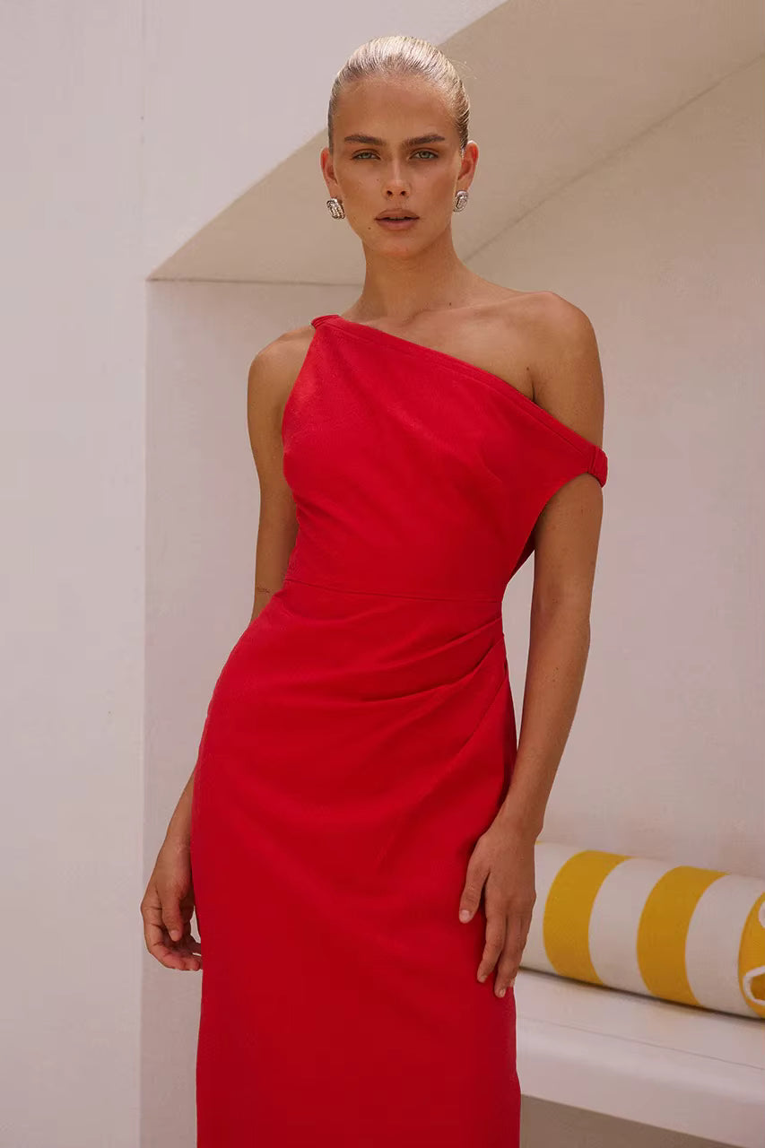 Elegant Diagonal Shoulder Style Tight Satin Long Maxi Dress