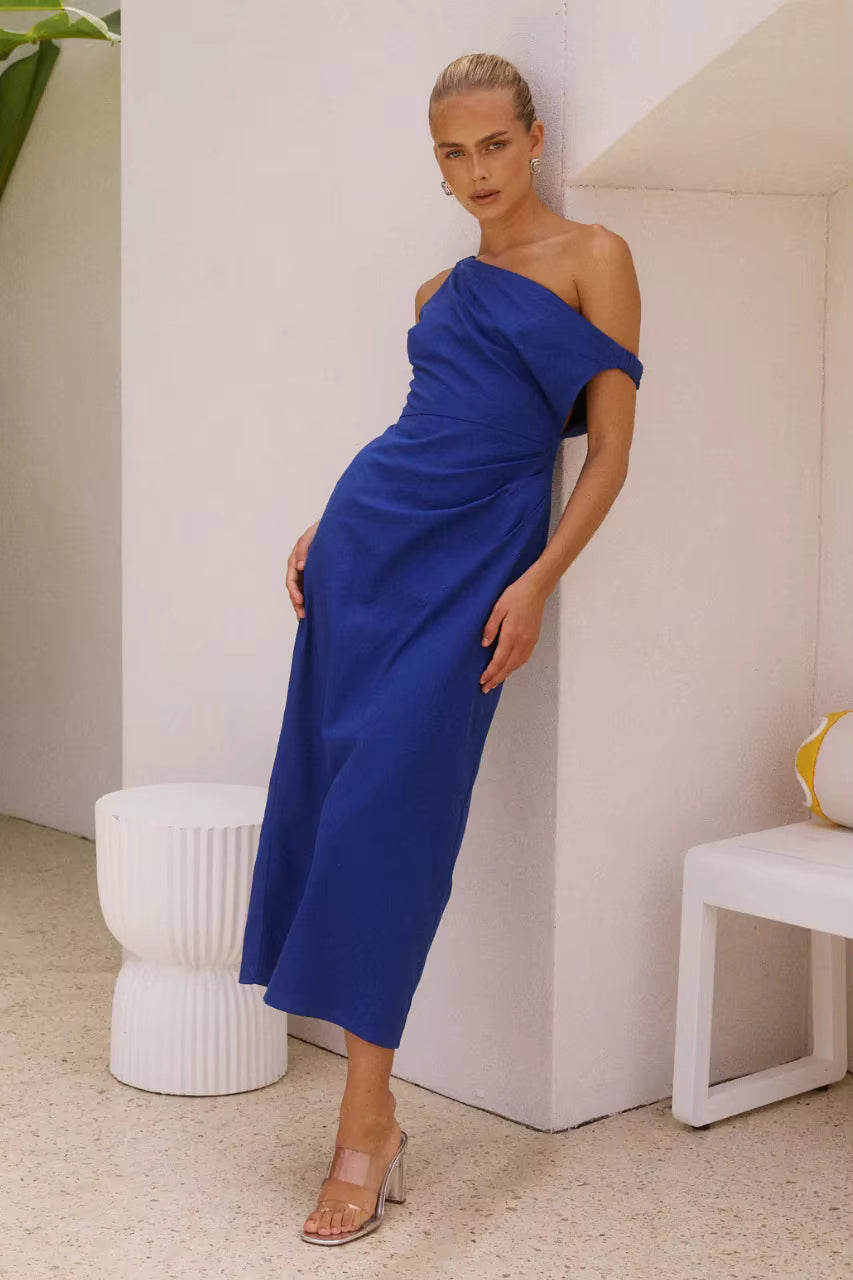 Elegant Diagonal Shoulder Style Tight Satin Long Maxi Dress